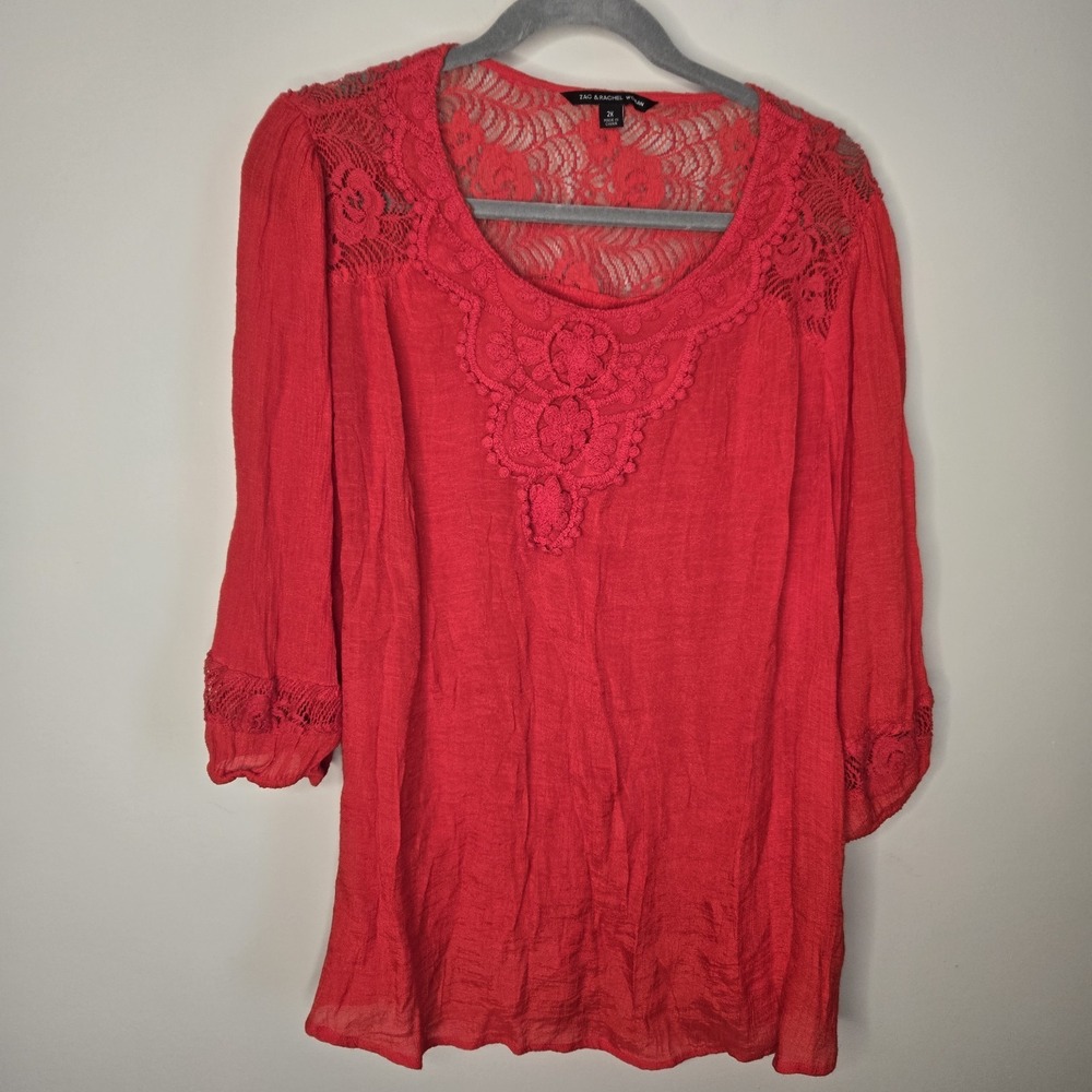 Red Lace Crochet Boho Blouse Top Shirt Plus 2XL Zac & Rachel 3/4 Balloon Sleeve - Picture 2 of 10